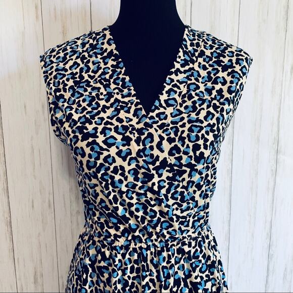 BCBGMaxazria cream blue black leopard print faux wrap dress size Small NWT - Picture 2 of 8
